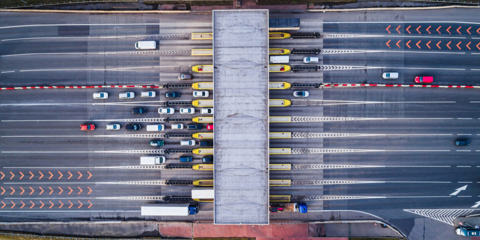 Aerial,Drone,View,On,Toll,Collection,Point,On,The,Motorway
